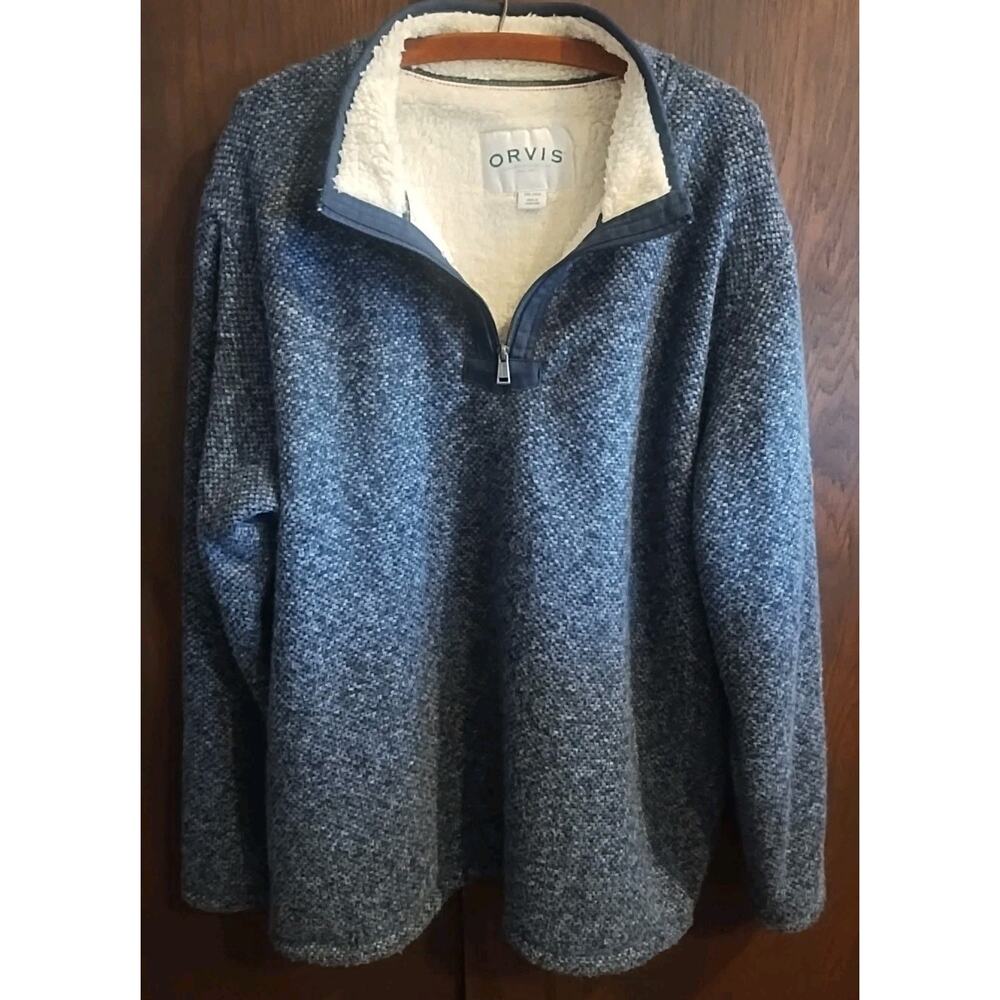 Orvis Mens Quarter 1 Zip Sherpa Lined Pullover Sweater Jacket Navy Blue XXL 2XL